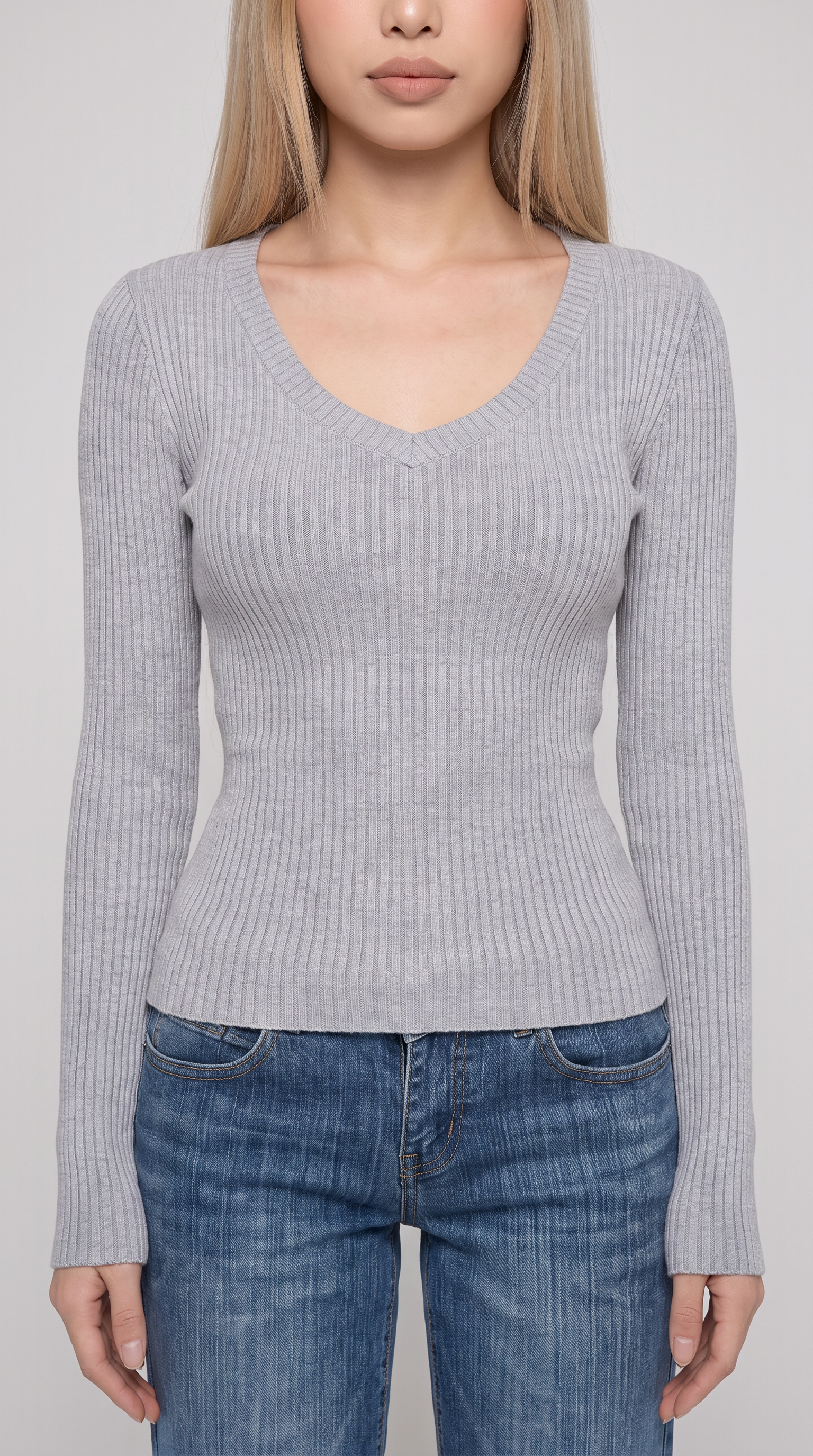 Grey Ribbed V Neck Top
